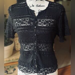 “AND NOW THIS - FEMME WOVEN” Black Button Down Lace Top Size L   NWT